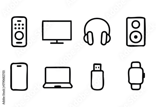 Simple line drawings display various multimedia devices including a remote, television, headphones, speakers, smartphone, laptop, USB drive, and smartwatch, emphasizing their everyday use.