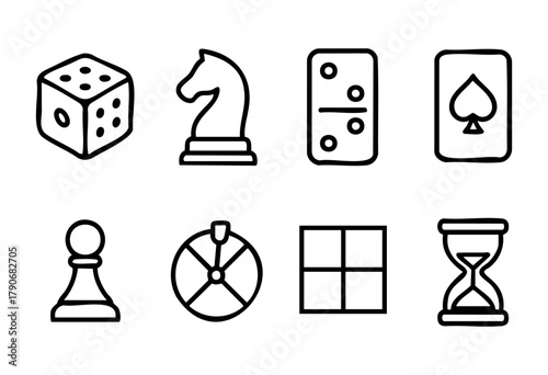 Different game pieces are presented, including dice, a chess knight, dominoes, a playing card, and a pawn, all in a minimalist style of drawing.