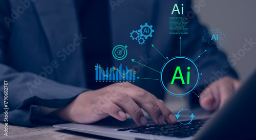 Businessman uses laptop with an AI ecosystem dashboard, showing data analysis, generative AI, automation, and strategy.