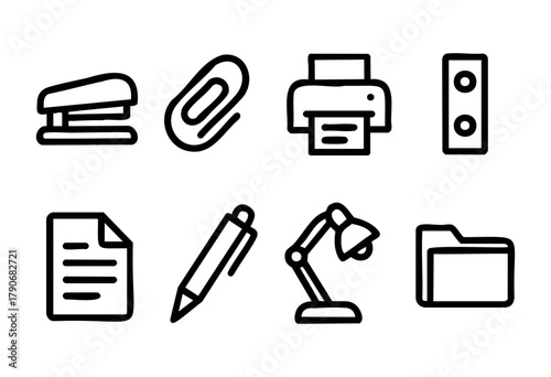 Various office supplies including a stapler, paper clip, printer, and lamp are displayed. These tools support productivity in a workspace setting.