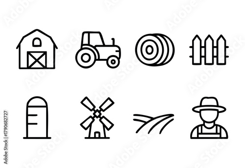 Line art style showcases various farm life elements, including a barn, tractor, hay bales, and a farmer, representing agriculture and rural living.