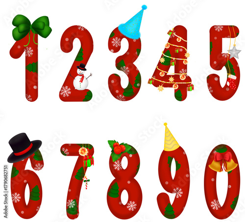 A set number 0 to 9 Christmas theme in red color with green Christmas trees, snowflakes and snow, decorated by ribbon, snowman, party hat, ornament and bells. Transparent background.