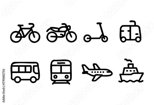 Simple black and white icons display various modes of transportation, including a bicycle, motorcycle, scooter, van, bus, train, airplane, and ship, emphasizing urban travel options.