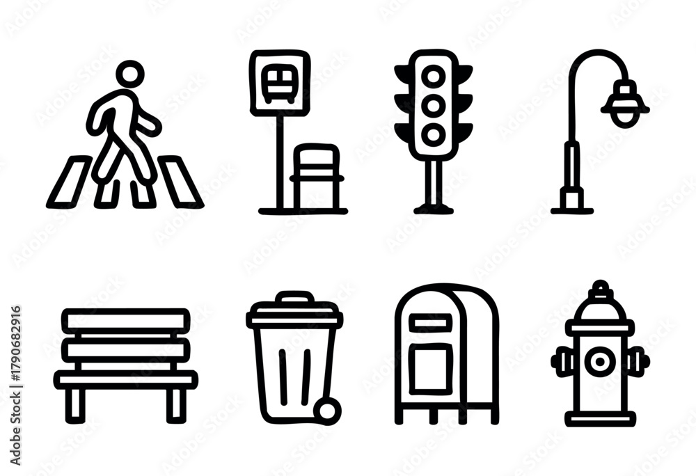 Fototapeta premium Graphic symbols illustrate urban features, including a pedestrian crossing, bus stop, traffic light, lamp post, bench, trash can, mailbox, and fire hydrant, representing city life.