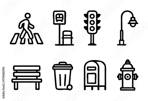 Graphic symbols illustrate urban features, including a pedestrian crossing, bus stop, traffic light, lamp post, bench, trash can, mailbox, and fire hydrant, representing city life.
