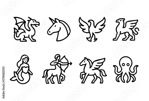 Various mythical creatures displayed in a minimalist design. The collection includes a dragon, unicorn, phoenix, griffin, mermaid, archer, pegasus, and an octopus, providing an enchanting theme.