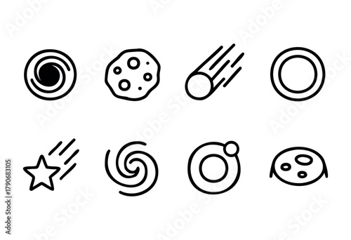Various line drawings depict celestial shapes, including planets, stars, and comets, showcasing a minimalist approach to astronomical themes in a black and white design.