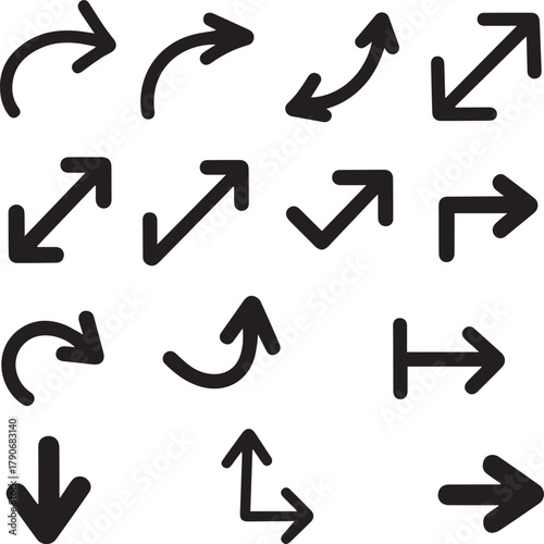 Collection of various black arrow icons pointing in different directions on white