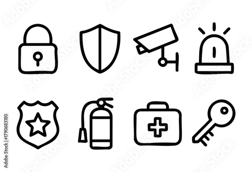 Various icons illustrate essential safety measures, including locks, shields, cameras, alarms, fire extinguishers, medical kits, and keys, emphasizing security and protection.
