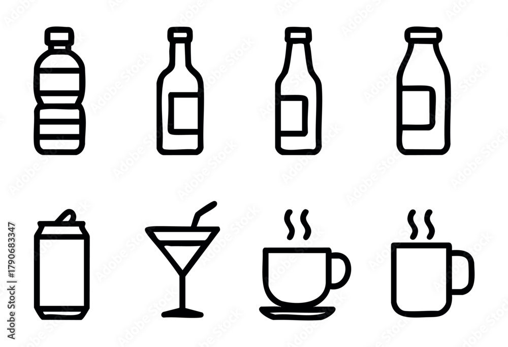Fototapeta premium Selection displays various beverage icons, featuring a water bottle, soda can, beer bottles, cocktail glass, and steaming coffee mugs in a clean, minimalist style.