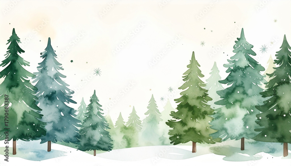 Obraz premium Beautiful watercolor painting of Christmas tree forest landscape, soft natural colors.