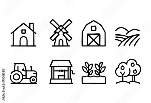 Line drawings depict various elements of rural life including a farmhouse, windmill, barn, vast fields, a tractor, a well, a garden, and trees, showcasing natural landscapes.