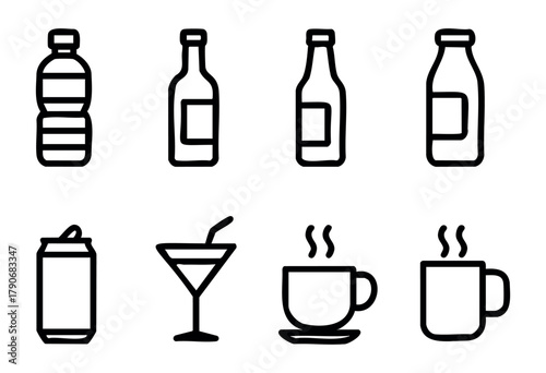 Selection displays various beverage icons, featuring a water bottle, soda can, beer bottles, cocktail glass, and steaming coffee mugs in a clean, minimalist style.