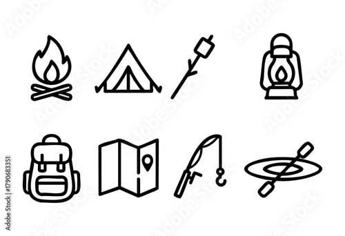 Collection of outdoor adventure icons showcases camping and hiking essentials like tents, campfires, backpacks, and fishing gear for an exciting trip.