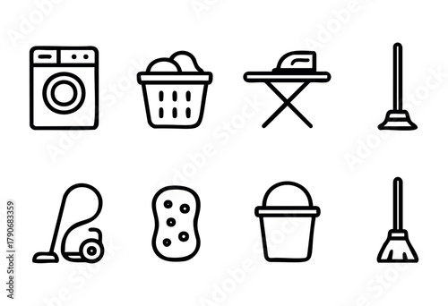 Illustration features various cleaning and laundry tools including a washing machine, ironing board, broom, and vacuum cleaner, highlighting essential household duties.