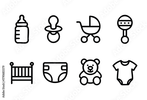 Various icons depict important baby items such as a feeding bottle, pacifier, stroller, rattle, crib, diaper, teddy bear, and baby onesie, showcasing essential needs for infants.