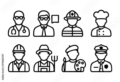 This graphic showcases diverse professionals including a doctor, teacher, firefighter, chef, construction worker, farmer, artist, and police officer. Each figure is depicted in a minimalistic style.