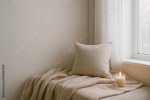 Cozy home corner with a blanket, pillow, and candle by the window. Warm, relaxing atmosphere perfect for hygge lifestyle, interior design, and home comfort themes.