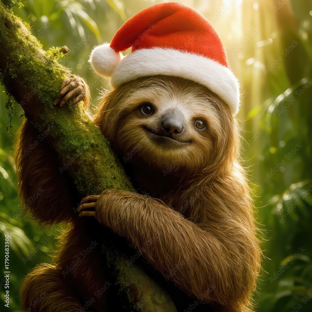 Fototapeta premium A cute sloth in a Santa hat clings to a mossy tree branch as sunlight streams through the vibrant jungle foliage surrounding it 