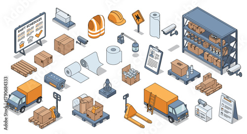 Isometric illustration of logistics and warehouse operations, including trucks, forklifts, pallets, boxes, shelving, and safety equipment.