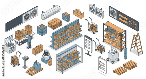 Isometric illustration of a modern warehouse interior with various storage, logistics, and operational equipment.