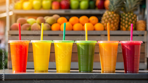Vibrant colorful fresh fruit juices and smoothies displayed in clear plastic cups with straws at a market stall