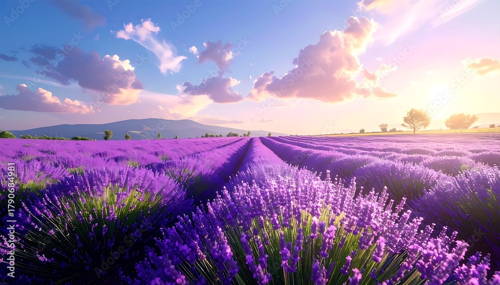 Naklejka premium Lavender field stretches to horizon under sunlit sky. Purple blooms meet white clouds on this summer day