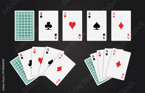 Playing cards. Aces of different suits on a black background. Vector clipart.