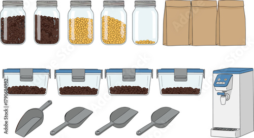 Cad drawing flat vector illustration, coffee beans jars, paper bags, plastic containers, scoops, dispenser machine, bulk food shop organization