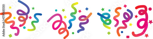 Colorful Party Streamers and Confetti Border on White Background