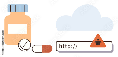 Medicine bottle, pills, cloud storage, and infected URL highlight online threats to health data. Ideal for technology, healthcare, cybersecurity, threats, online safety data storage simple flat