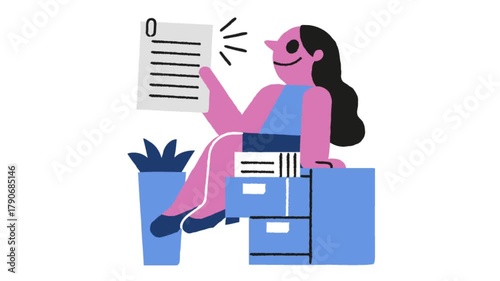 Animated cartoon woman sitting on office desk holding document representing business and organization.
