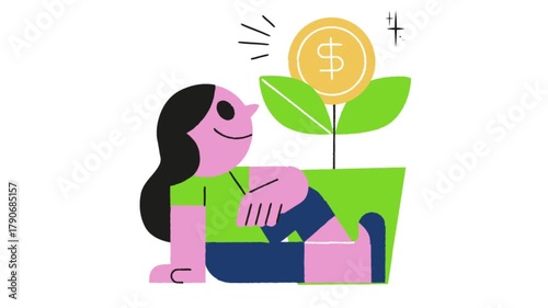 Animated cartoon woman sitting beside plant with golden coin symbolizing financial growth and savings.
