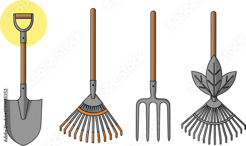 cad drawing flat vector illustration, gardening tools, shovel rake pitchfork, leaf rake design, outdoor equipment, agriculture, farming, garden work collection