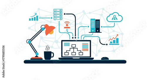 Dynamic data connections visualized on laptop screen with modern design, network, cloud, and technology elements for business presentations