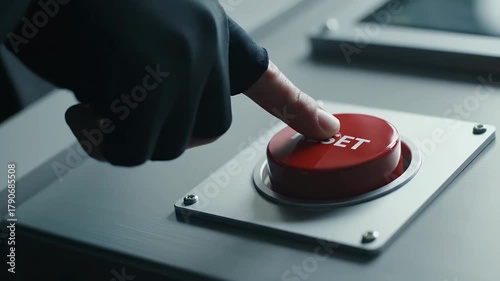 Person wearing black glove pushes emergency red reset button technology control