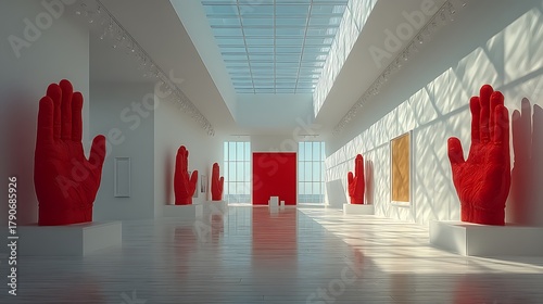 Fototapeta Naklejka Na Ścianę i Meble -  Elegant museum hall featuring red art high resolution image