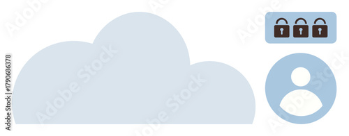 Cloud with lock icons representing privacy, security, data protection. User icon suggests exclusive access. Ideal for technology, confidentiality, cybersecurity, digital privacy, data storage