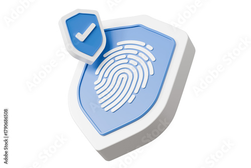 3d fingerprint shield with checkmark icon. identity security concept. Minimal cartoon biometrics login badge for app icon web banner. isolated on white background. 3d render.