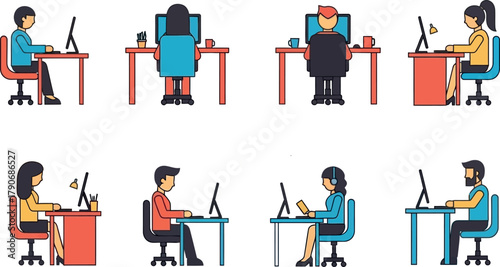 Team productivity flat vector art showcasing workers at desks in an open-plan office, a modern and efficient workplace perfect for digital marketing