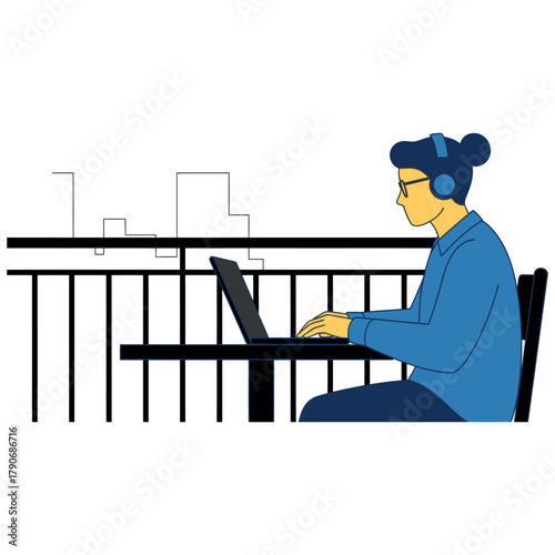 Focused freelancer working remotely outdoors with laptop and headphones, enjoying city views, for digital nomad lifestyle and productivity concepts