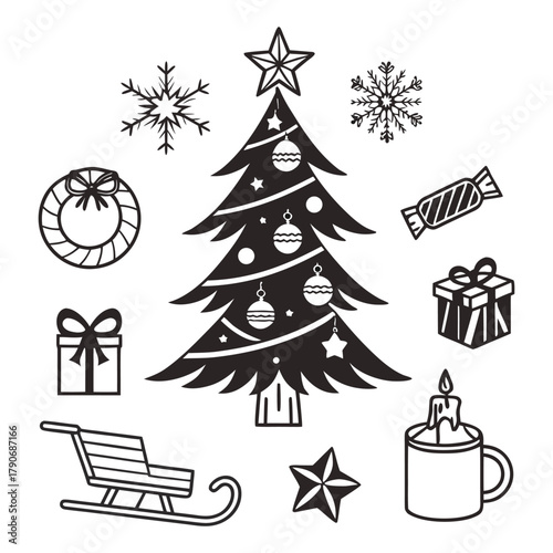 Black outline Christmas tree scene icon set: tree, star, ornament, gift, snowflake and more—ideal for seasonal icons, packaging, apps and holiday branding.