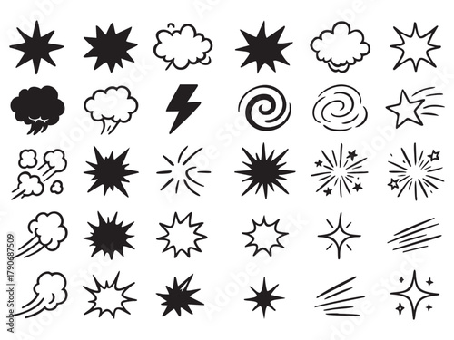 Comic cartoon line explosive effect, speed burst motion element set. 