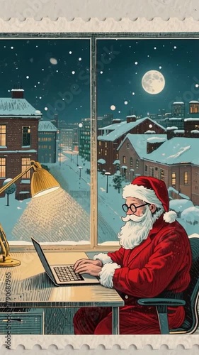 Santa Claus typing on laptop at night by window, snowy winter city view, vintage Christmas illustration