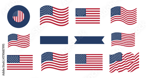 USA Flag Icon Set – American Patriot Symbols, Memorial Day, and 4th of July Vector Collection