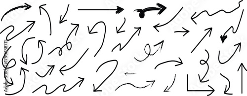 Diverse Collection of Hand Drawn Black Arrows and Swirls on White Background curve line