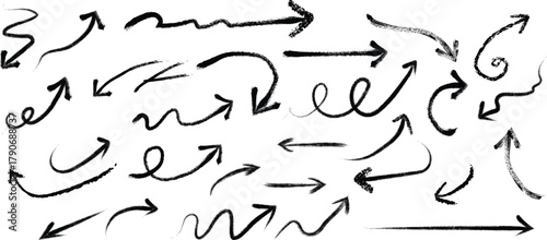 Collection of Hand Drawn Brush Stroke Arrows in Various Styles and Directions Keywords: arrow, direction, pointer, sign, symbol, graphic