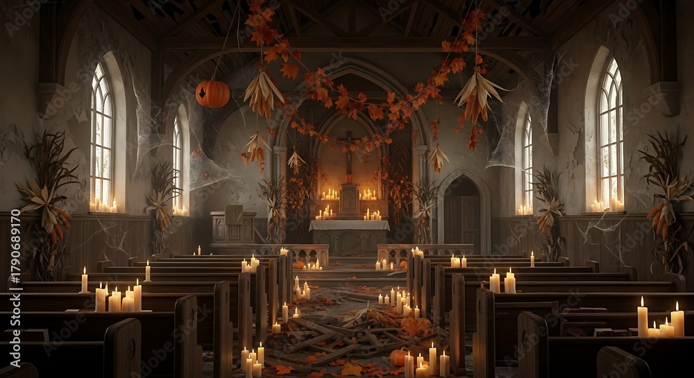 Obraz premium Interior view of a church decorated for halloween with candles pumpkins and autumn foliage garlands hanging