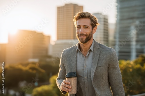 Confident Businessman  Standing Outdoors with Coffee at Sunrise in Urban Setting