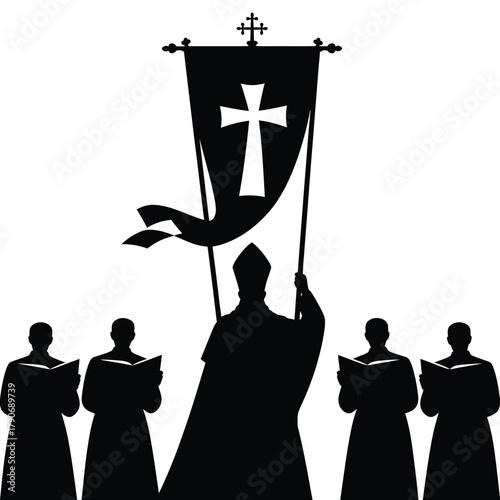 Religious procession with banner and robed figures